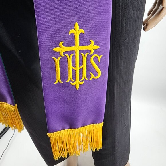 Abbott Hall 88in Reversible Purple Green IHS Clergy Stole Embroidered Vestment - Picture 4 of 6